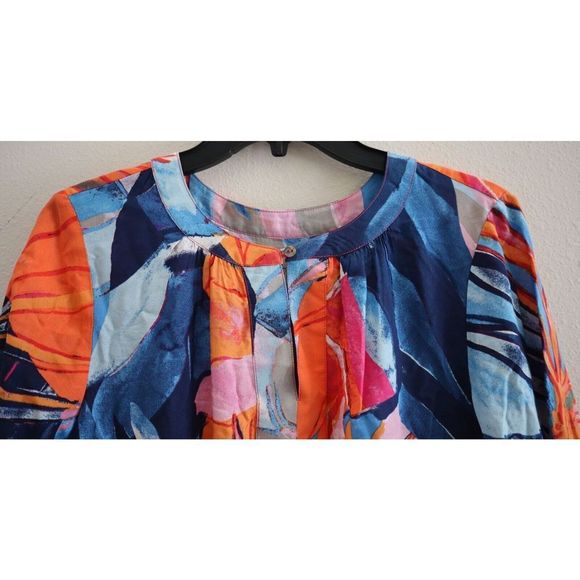 Nic+Zoe Women's Sz Small Blue Multi Tropical Mirage Print Woven Blouse Top $148 - Picture 3 of 8